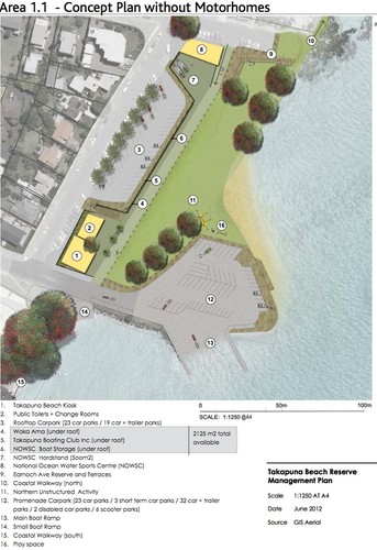 Current proposal for the revamaped Takapuna Camping Ground with the road extension clear, garaging underneath, and the hardstand and NOWSC in the top centre of the graphic. © Auckland Council http://www.aucklandcouncil.govt.nz